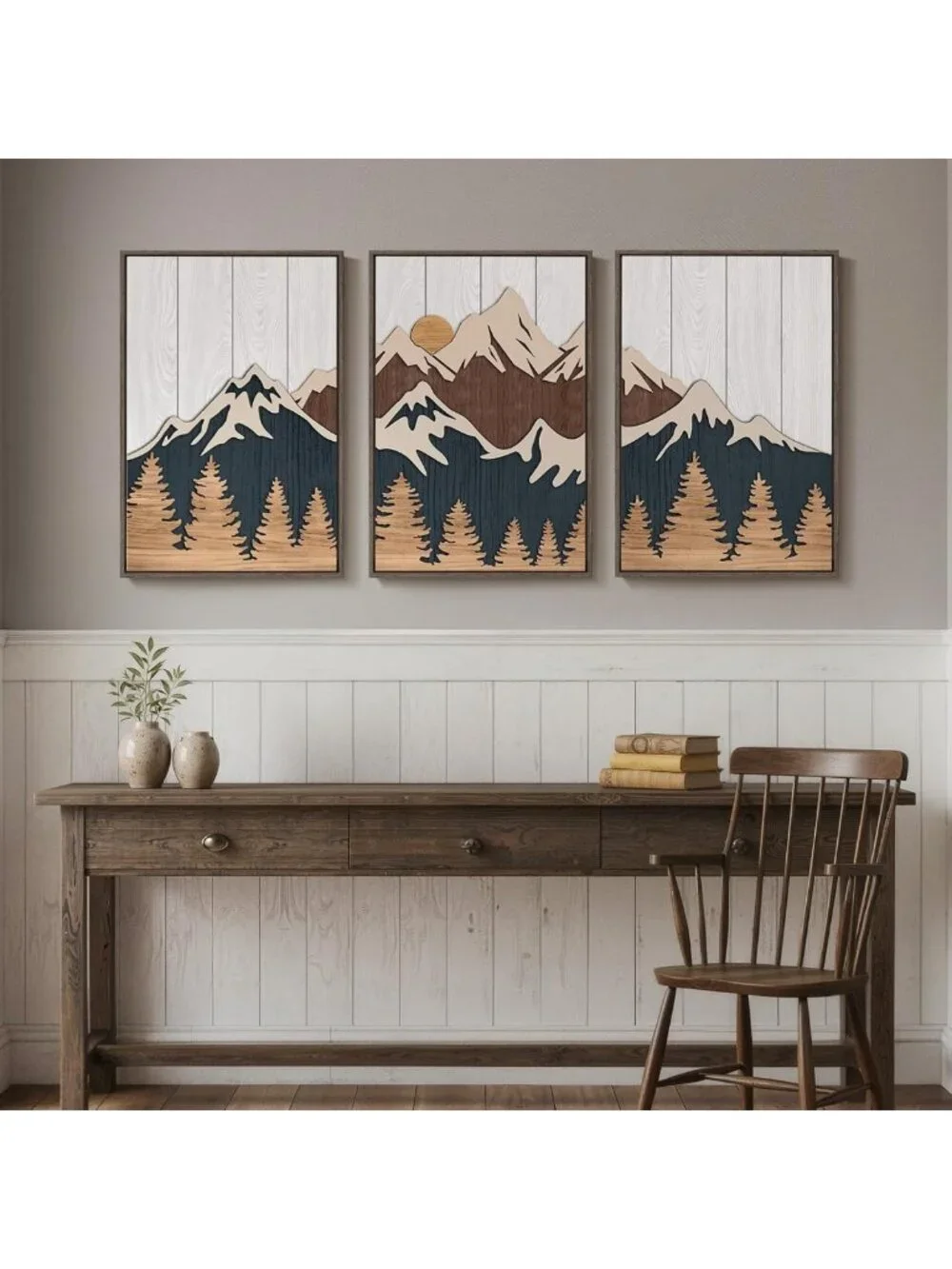 3D Wood Mountain Wall Art Set - 3 Piece Landscape Decor, 16x24 Inch Framed Art
